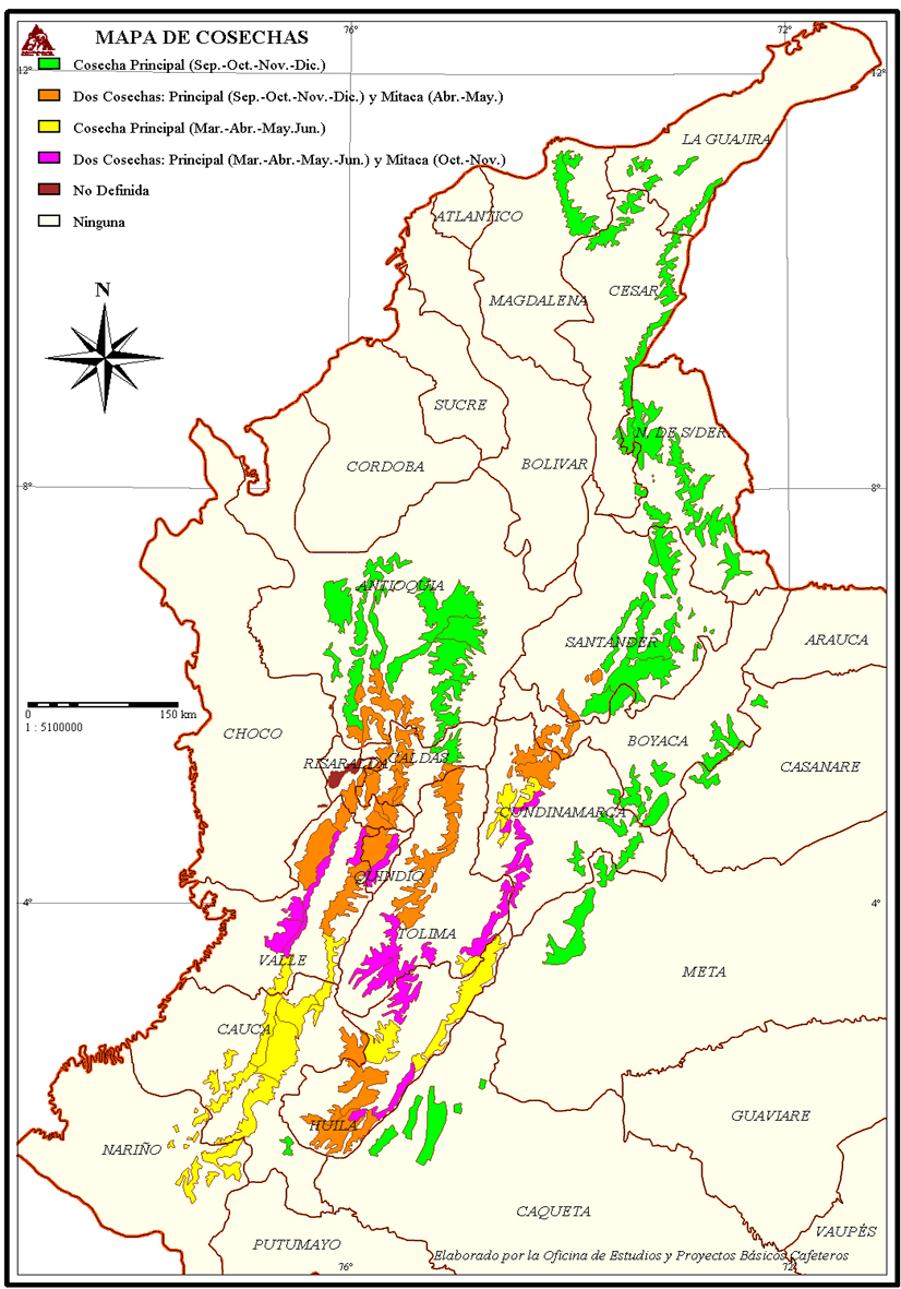 colombian coffee harvesting map